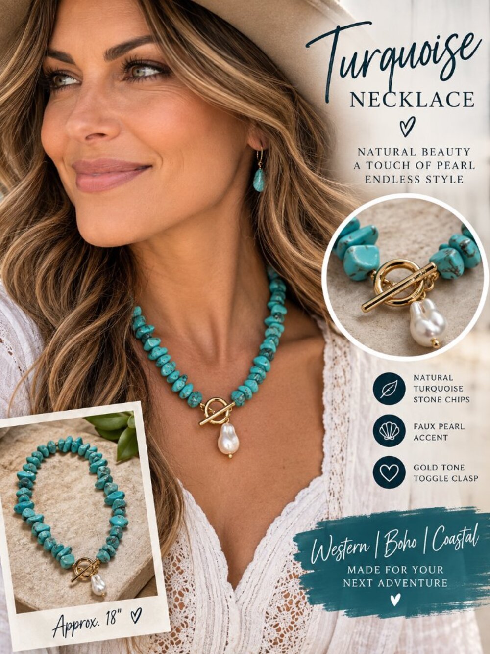 Natural Turquoise Chip Necklace Faux Pearl Gold Toggle Boho Western Jewelry 18"